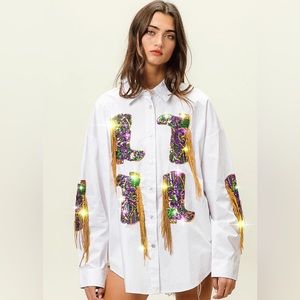 BiBi Mardi Gras Fringe Sequin Boots Button Down in White